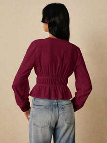 Blusa de manga larga con cuello en V profundo y lazo al frente, elegante para oficina, de unicolor - Burdeos - Ver 8