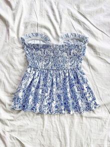 Parte superior de bandeau con volantes, tipo línea A, con lazo en la cintura, para vacaciones informales - Azul y blanco - Ver 2