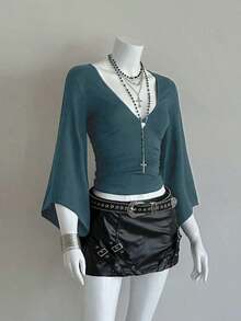 Camiseta ajustada con cuello en V profundo y mangas acampanadas sexy - Agua verde azul - Ver 4