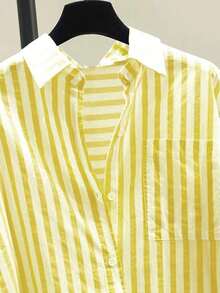 Camisa de manga larga casual con bolsillo en el pecho y estampado de rayas para mujeres, otoño e invierno - Amarillo - Ver 3