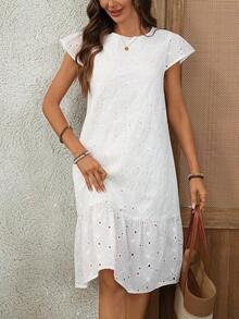 Vestido midi casual de fiesta con cuello redondo, bordado floral y drapeado - Blanco - Ver 1