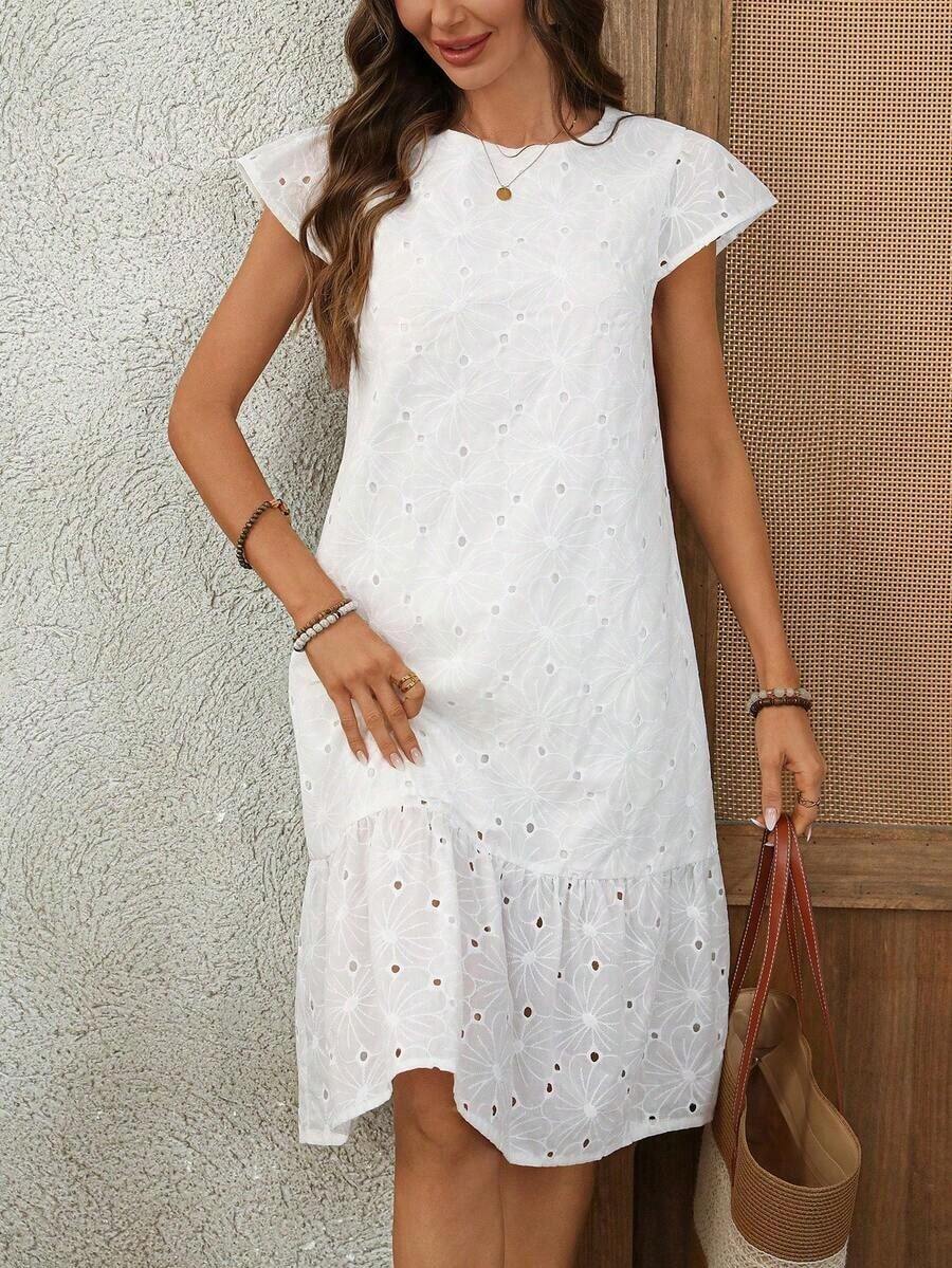 Vestido midi casual de fiesta con cuello redondo, bordado floral y drapeado - Blanco - Ver 1