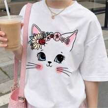 Playera para mujer de algodón 100%, cuello redondo, transpirable, cómoda y ligera, ideal para primavera y verano, con estampado de gatito con corona de flores, estilo casual dulce y coqueto, versátil para uso diario y salidas - Blanco - Ver 1