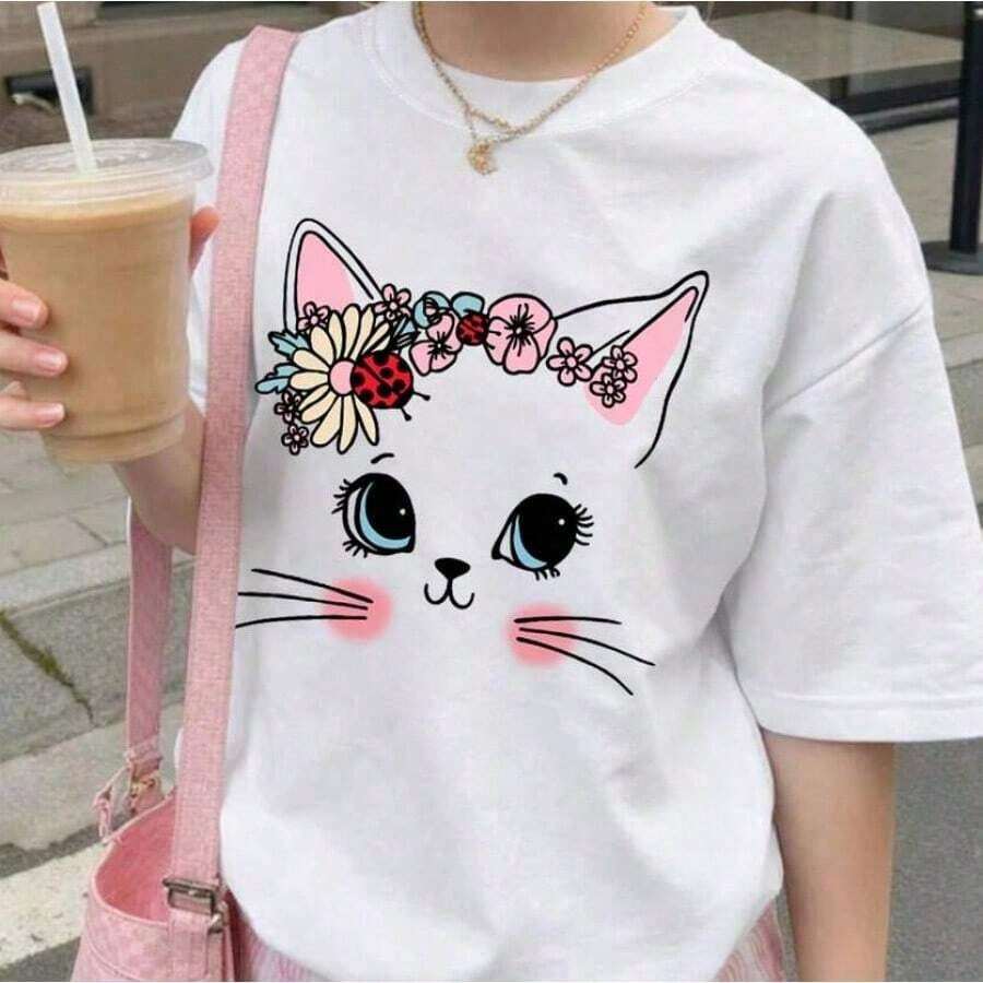 Playera para mujer de algodón 100%, cuello redondo, transpirable, cómoda y ligera, ideal para primavera y verano, con estampado de gatito con corona de flores, estilo casual dulce y coqueto, versátil para uso diario y salidas - Blanco - Ver 1