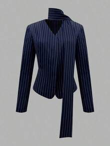 Chaqueta de blazer elegante a rayas para mujer, chaqueta de lujo de manga larga con cuello en V y bufanda anudada para mujer, prenda exterior de primavera - Azul - Ver 8