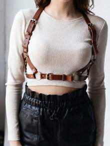 1pc Women's Renaissance Halloween Accessory Inverted Triangle Coffee Gothic Leather Suspender, Suitable For Carnival Party Outfit - Brown - View 2