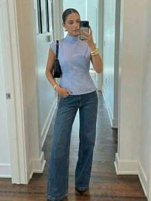 Blusa de bambú y lino con cuello arrugado, mangas asimétricas, plisado lateral y cintura ceñida, para uso diario, color albaricoque, para todas las estaciones - Azul y blanco 2 - Ver 4