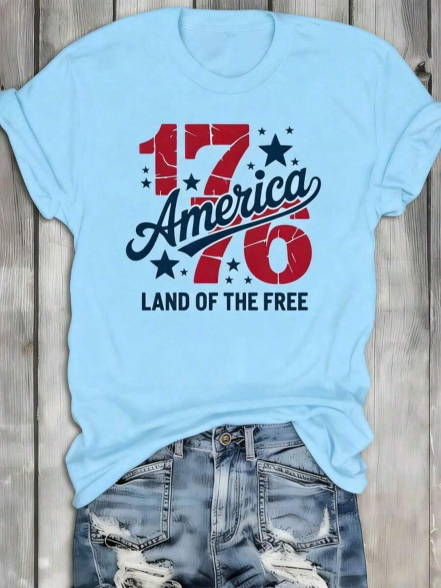 1 Camiseta "American Freedom 1776", Camiseta Blanca de Cuello Redondo, Camiseta de Mujer "America 1776" – Camiseta Vintage Desgastada con Gráfico de 1776 y Estrellas, Cuello Redondo, Estilo Casual para el 4 de Julio - Celeste - Ver 1