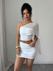 Conjunto de 2 piezas de falda mini ajustado fruncida en la cintura y top corto bandeau, de malla transparente y sexy para el verano - Blanco - Ver 5