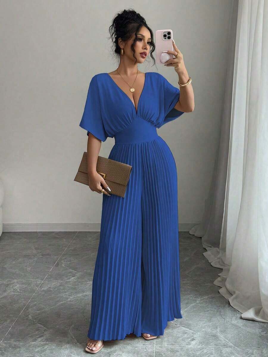 Mono de mujer elegante con cuello en V profundo, mangas tipo murciélago y plisados, de unicolor - azul real - Ver 1