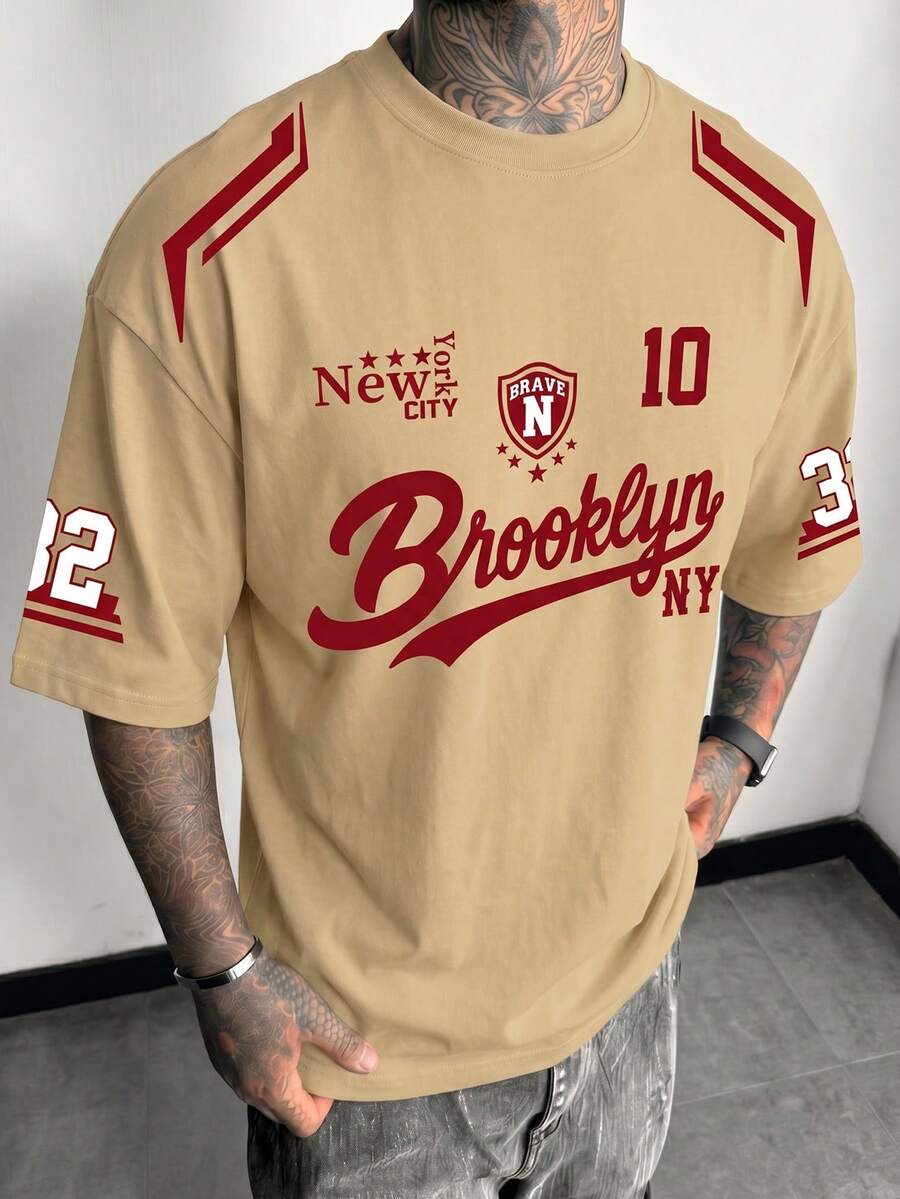 Áo Polo nam FRACTYR mùa hè phong cách thường ngày màu kaki, in hình thành phố New York Brooklyn, cổ tròn, dáng rộng, phong cách đường phố. - Màu Khaki - Xem 1