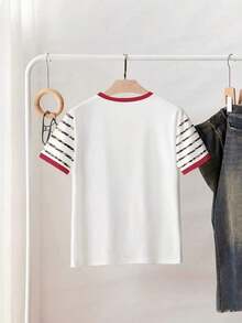 Camiseta casual de mujer con estampado de oso a rayas, verano - Rosa 2 - Ver 2
