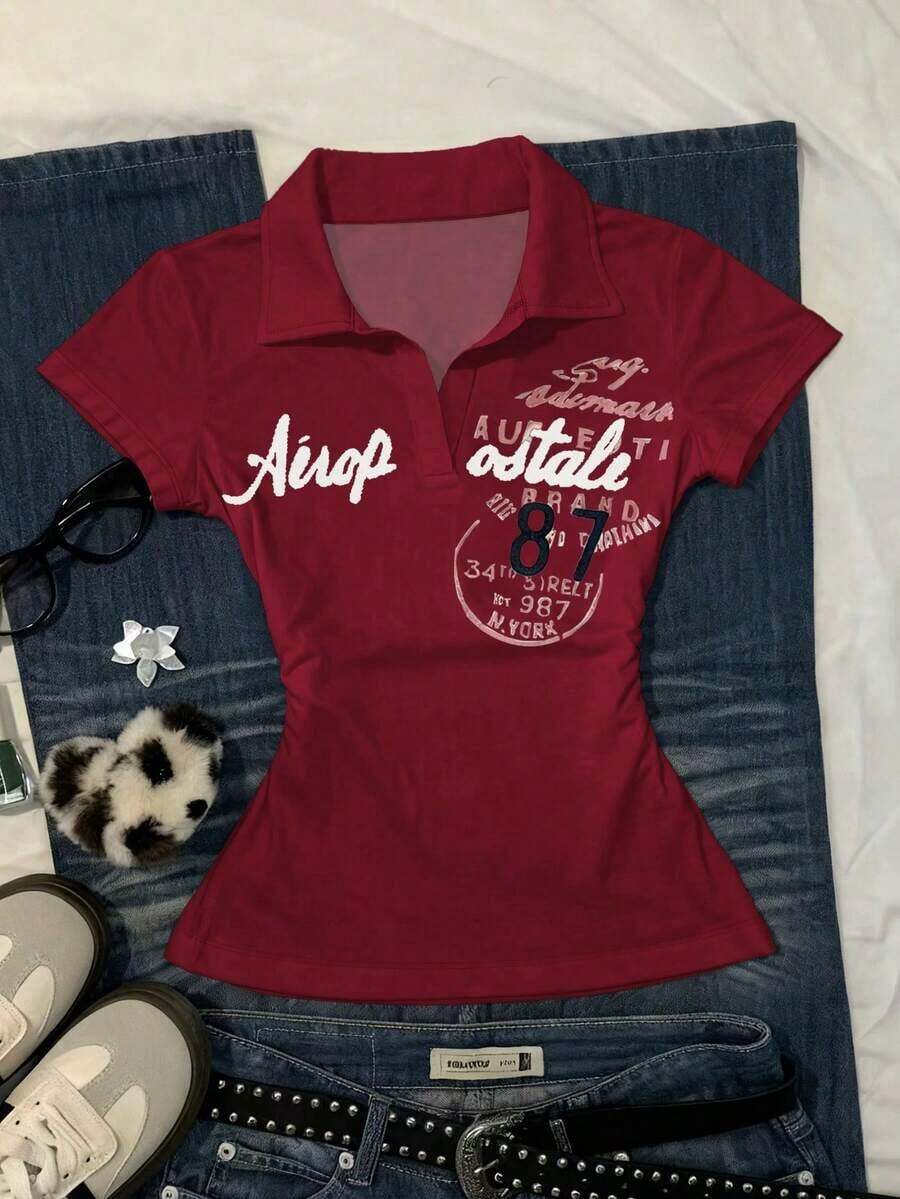 Camiseta casual de mujer con estampado de letras, verano - Burdeos - Ver 1
