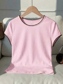 2026 Nueva Moda Camiseta Casual Versátil de Mujer con Cuello Redondo y Mangas Cortas, Contraste de Ribete, Top de Verano, Ropa de Primavera para Exteriores, Top Beige Casual Y2K - Rosa - Ver 5