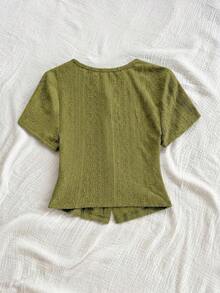 Blusa casual de mujer con manga corta, bordado de malla y lazo con botón - Verde - Ver 2