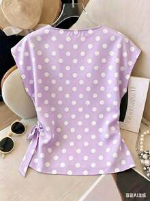 Nueva camiseta de satén de verano para mujer con cuello redondo y lunares elegante - Púrpura malva - Ver 2