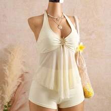 Conjunto de bikini elegante de estilo vacacional con decoración metálica y empalme de malla, y traje de baño tipo tankini con tirantes finos - Amarillo claro - Ver 4
