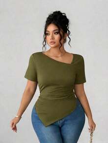 Camiseta de manga corta de cuello asimétrico para mujer talla grande, top ajustado versátil y elegante de alta gama, adecuado para primavera/verano - Verde militar - Ver 5