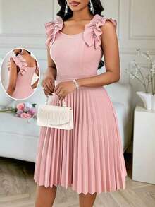 Vestido mini de fiesta con estampado floral y pliegues a la moda para mujer - Rosa 2 - Ver 7