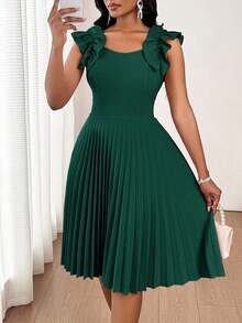 Vestido mini de fiesta con estampado floral y pliegues a la moda para mujer - Verde - Ver 3