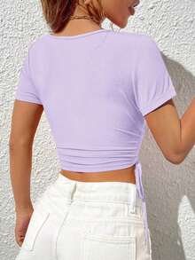 Camiseta ajustada de manga corta con cuello en V y fruncido de unicolor - Púrpura malva - Ver 2