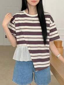 Camiseta casual de mujer para el verano con cuello redondo, manga corta, ajuste holgado y dobladillo con volantes y un solo unicolor - Albaricoque - Ver 4