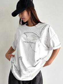 Women's Loose-Fitting Casual T-Shirt With Round Neck, Dropped Sleeves, Butterfly And Letter Print, Oversized Graphic Tee, Y2k Style, Women's Sports T-Shirts - 風格 - 查看 8