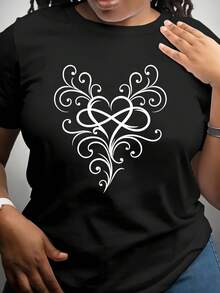 Women's Fun Short-Sleeved T-Shirt With "Artistic Heart" Print, Suitable For Daily Wear, Made Of Soft And Breathable Polyester Fiber, With Medium Elasticity, Machine Washable, Casual Short-Sleeved T-Shirt With Round Neck And Print, Round Neck Top, Short-Sleeved Top For Summer. - 黑色 - 查看 7