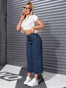 Jeans unicolor con cremallera - Azul - Ver 4