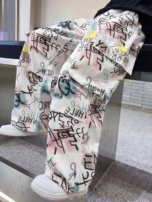 男士街頭龐克迷彩印花運動長褲 寬鬆寬腿褲 - 白色 - 查看 3