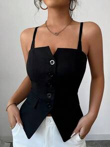 [Estilo Sexy] Camiseta sin mangas con tirantes finos, cuello corazón y corte ajustado para el verano - Negro - Ver 3