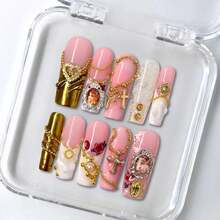 NailLuxe 10 PCS 100% Handmade Reusable Acrylic Square Press-On Nails | Nude Pink Vintage Baroque Portrait & Cross Palace Style With Pink, Gold & Lace Bases, Vintage Portrait, Cross & Gem Embellishments - Vàng - Xem 1