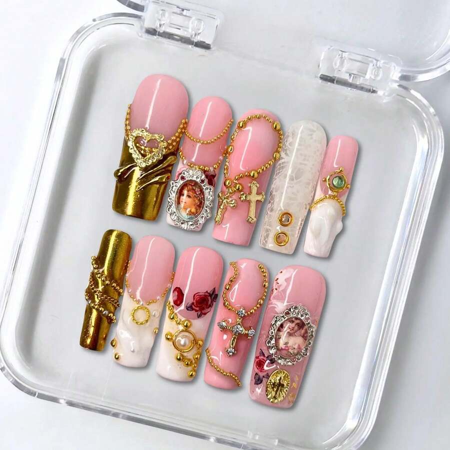 NailLuxe 10 PCS 100% Handmade Reusable Acrylic Square Press-On Nails | Nude Pink Vintage Baroque Portrait & Cross Palace Style With Pink, Gold & Lace Bases, Vintage Portrait, Cross & Gem Embellishments - Vàng - Xem 1