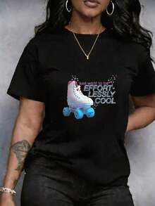 Camiseta para Mujer estampado de corazón, Estampado Floral y de patín de ruedas, texto y estrellas, Manga Corta, Cuello Redondo, Talla Grande Top, nuevo diseño en estilo elegante casual, deportiva casual, de moda para ocio, para Uso Casual, prenda cómoda Suave y Transpirable que absorbe el sudor, roja redonda casual de confección suave - Negro - Ver 12