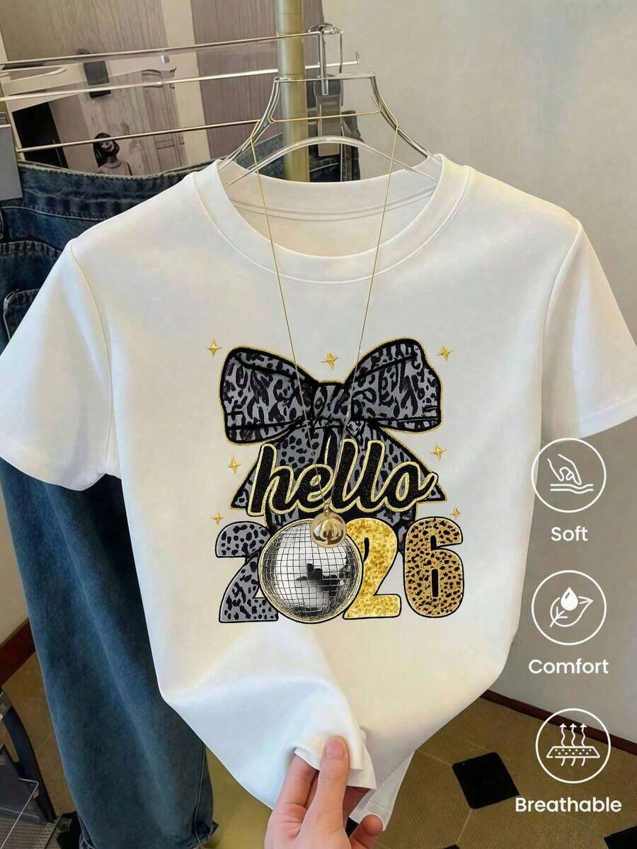 Camiseta de manga corta estampada para mujer. Perfecto para citas, desplazamientos diarios y salidas informales. Diseño clásico minimalista de cuello redondo, fácil de combinar y se adapta a todo tipo de cuerpos. - Blanco - Ver 1