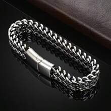Men's Bracelet - Stainless Steel Magnetic Clasp Franco Chain - Silver - View 2