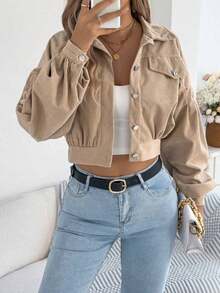 Casual Personalized Street Lantern Sleeve Corduroy Long Sleeve Short Jacket, Spring/Autumn - Caqui - Ver 7
