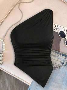Blusa de verano casual y de vacaciones para mujer, minimalista, de unicolor, con pliegues, ajustada, con bajo asimétrico, top de un hombro, top de un hombro XXS para mujer, negro fruncido, body suit tops, tops, top de un hombro negro - Negro - Ver 8