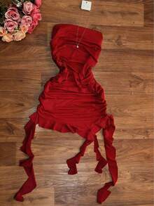 Elegante vestido ajustado de color vino tinto con cuello halter, con diseño asimétrico y fluido, perfecto para fiestas, vacaciones en la playa, festivales de música, salidas y citas, vestido ajustado de verano para mujer, vestido de fiesta para mujer - Rojo - Ver 1