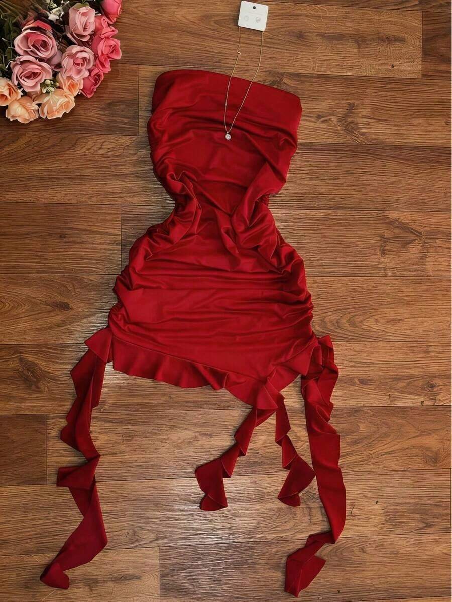 Elegante vestido ajustado de color vino tinto con cuello halter, con diseño asimétrico y fluido, perfecto para fiestas, vacaciones en la playa, festivales de música, salidas y citas, vestido ajustado de verano para mujer, vestido de fiesta para mujer - Rojo - Ver 1