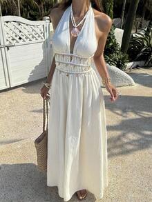 Vestido largo de línea A con cuello halter de escote profundo en V, cintura con lazo, dobladillo con volantes, adornos de conchas y flecos, textura plisada en color albaricoque.Vestido de mujer primavera/verano, para vacaciones, playa, estilo b - Albaricoque - Ver 6