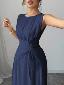 Vestido maxi casual, romántico, vintage y elegante de gasa para mujer con cordón en la cintura, para la playa, el té de la tarde, fiestas de noche, uso diario, sin mangas, de unicolor, vestido largo, primavera/verano - Azul marino - Ver 7