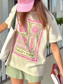 Camiseta de manga corta para mujer con estampado de grafiti a cuadros rosa y verde "Bible + Beach", suave, transpirable y de corte holgado, estilo dulce y femenino. Ideal para vacaciones de verano en la playa, visitas a la iglesia y salidas informales con amigos.blusas para mujer - Albaricoque - Ver 7