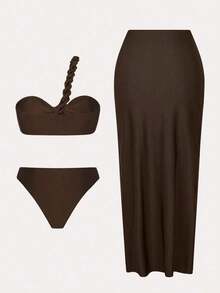 Swim Oasis Set de 3 piezas de nuevo conjunto de verano de unicolor: top sin espalda con nudo en el hombro, Bottom de bikini y vestido de playa con abertura y nudo - Marrón - Ver 3