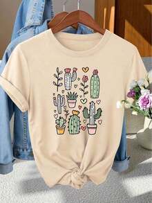 100% Cotton T-Shirt - Women's Vintage T-Shirt With Cactus And Heart Print - Short Sleeve Blouse With Round Neck And Hand-Painted Cactus Print - Ideal Top For Photoshoots, Commuting, Vacations And Everyday Wear - Summer Tops For Women - New Summer Outfits 2026 For Women - Vacation Outfits For Women - Women's Clothing Suitable For Spring, Summer And Autumn. - 杏色 - 查看 7