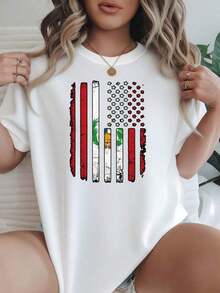 Camiseta de Mujer con Diseño Patriótico Gráfico Desgastado Estilo Americano, Opciones en Blanco y Negro, Camisetas Casuales para Uso Diario, Tops de Verano, Camisetas Gráficas, Conjuntos de Verano para Mujer, Camisetas Cortas para Mujer, Ropa Vintage de Algodón Bonita para Mujer - Blanco - Ver 1