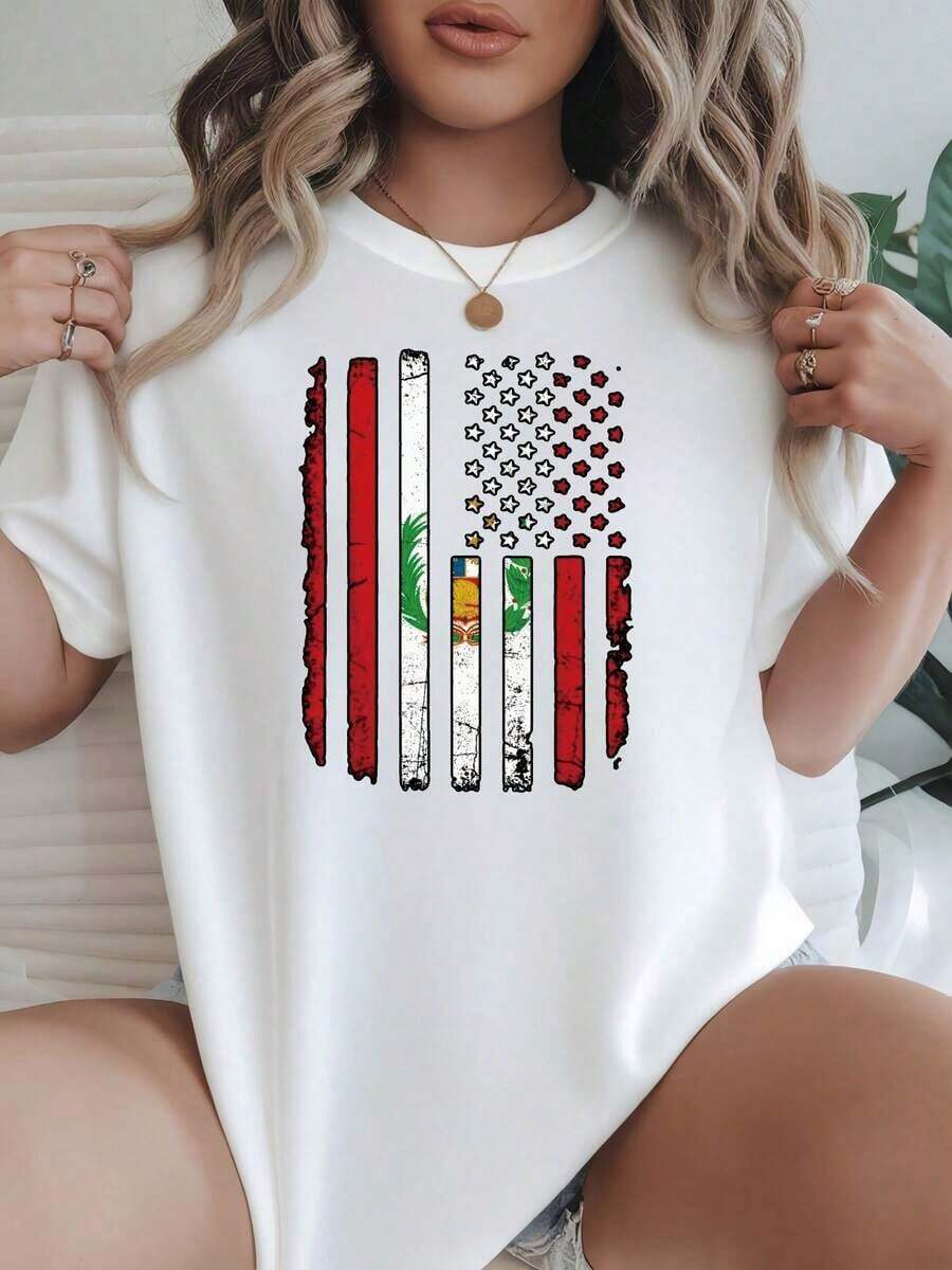 Camiseta de Mujer con Diseño Patriótico Gráfico Desgastado Estilo Americano, Opciones en Blanco y Negro, Camisetas Casuales para Uso Diario, Tops de Verano, Camisetas Gráficas, Conjuntos de Verano para Mujer, Camisetas Cortas para Mujer, Ropa Vintage de Algodón Bonita para Mujer - Blanco - Ver 1