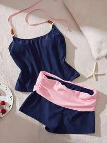 Conjunto de tankini de contraste de color para mujer/ropa de playa/casual/estilo Y2K/básico/vuelta al colegio vacaciones de verano - azul oscuro - Ver 3