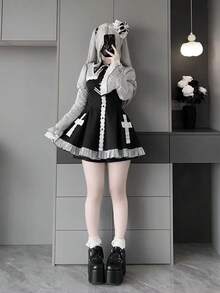 Japanese Jirai Kei Style Cross Mini Dress Women's Lapel Collar Flare Sleeve Striped Lace Dress Y2K Subculture Dress Girly Goth - màu đen - Xem 11