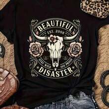 Solt 1pscCamiseta estampada negra para mujer - Cuello redondo, manga corta suave, diseño llamativo con estampado de rosas y cuernos de calavera - Transpirable, cómoda para uso diario y de fiesta, top de moda lavable a máquina, estilo urbano de verano, estampado de leopardo y anime, casual y versátil, camiseta estampada 100% algodón. - Negro - Ver 1